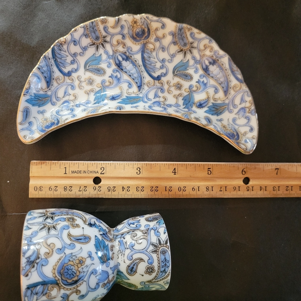 Lefton Egg Cup & Crescent Bone Side Trinket Dish Blue Paisley Vintage ~ Pretty! - Picture 15 of 16